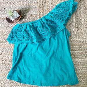 Anthropologie Blue Eyelet One Shoulder Top